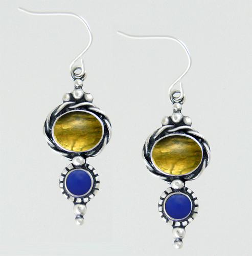 Sterling Silver Drop Dangle Earrings With Citrine And Blue Onyx